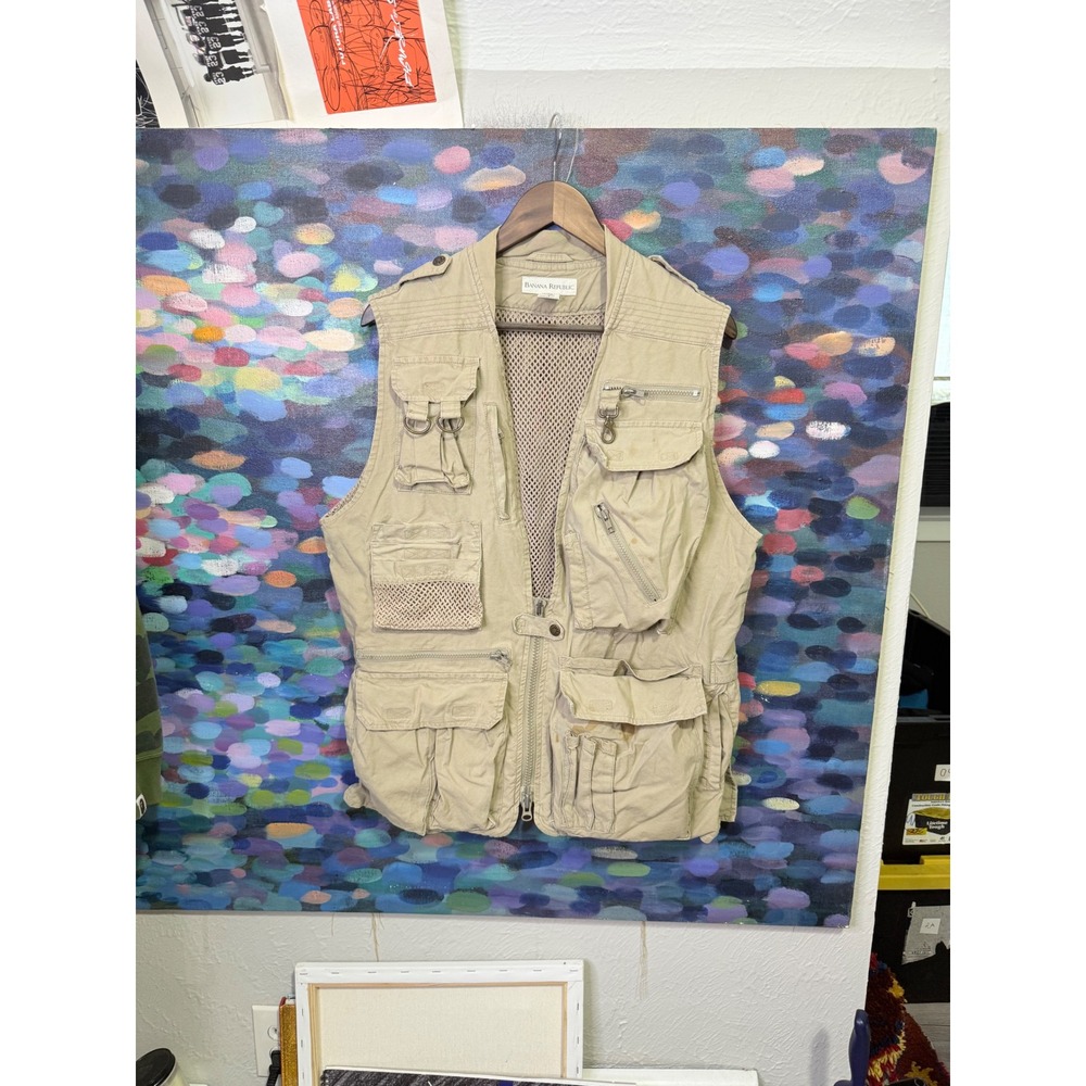Banana Republic Mens  Safari Fishing Utility Vest Khaki Tan Small Multi-Pocket